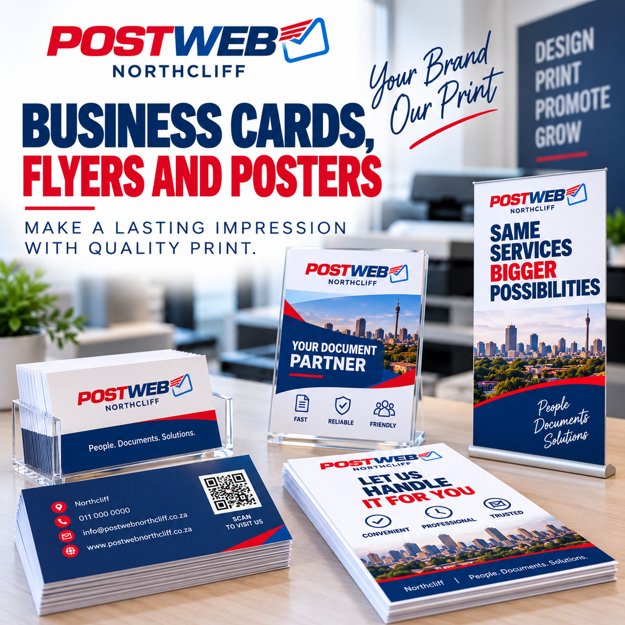 Printed business cards, flyers and posters we produce in store