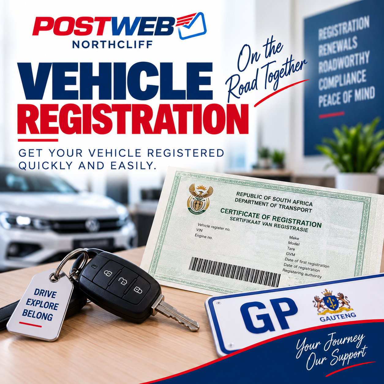 A South African vehicle registration certificate, number plate and car key