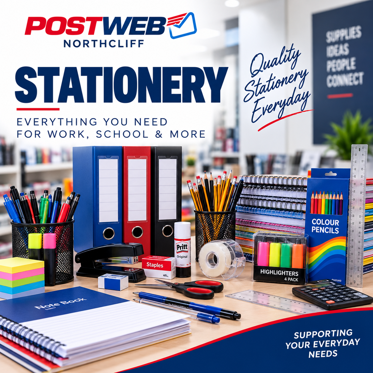 Stationery including pens, folders and pencils